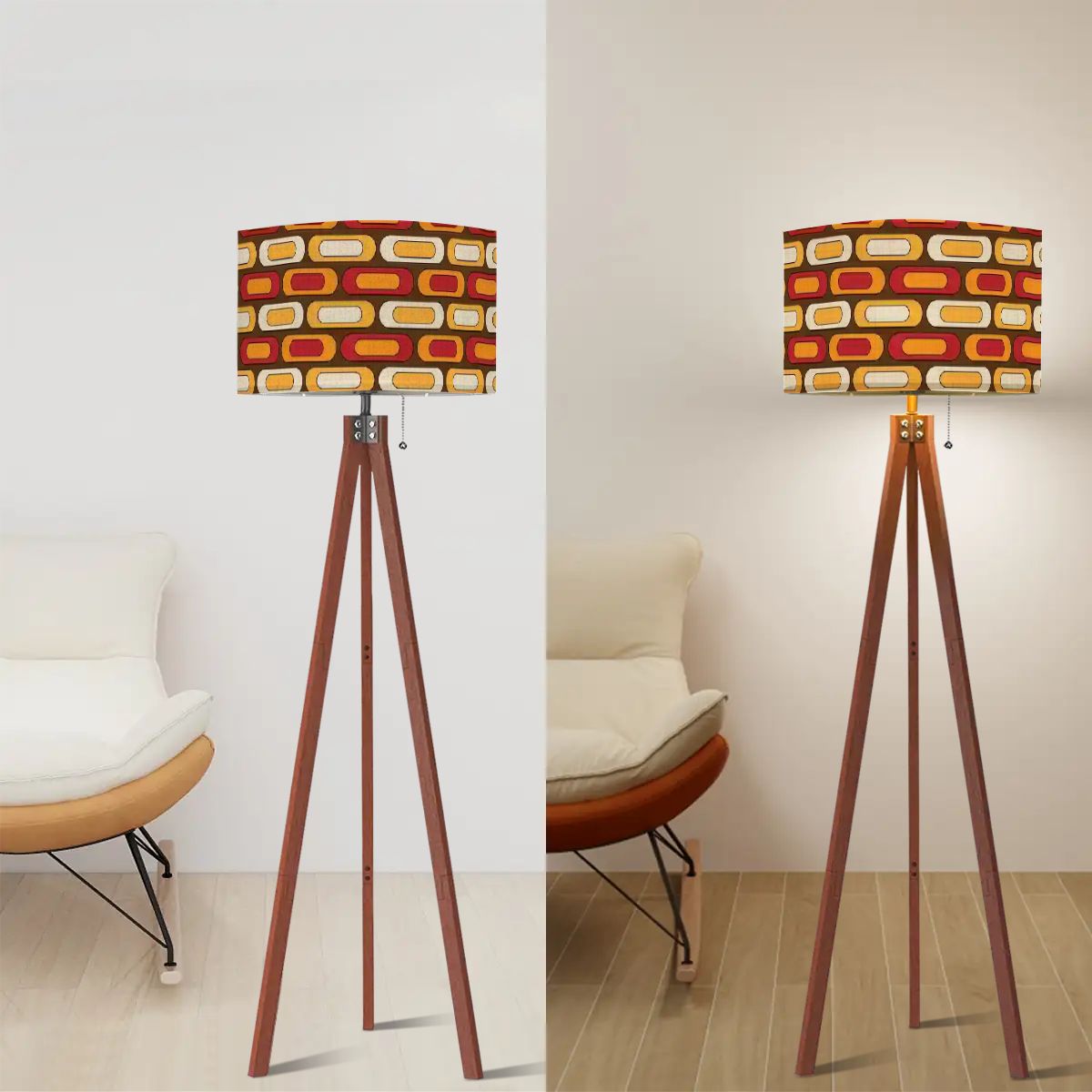 Retro Floor Tripod Lamp, Geometric Designed Orange, Yellow Brown Mid ModTripod Floor - Mid Century Modern Gal