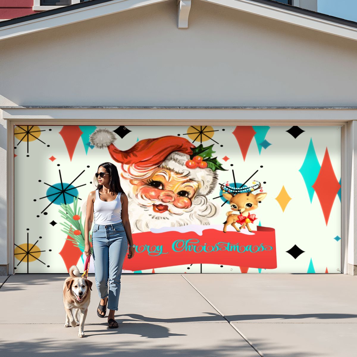 Vintage Smiling Santa, Reindeer Merry Christmas Retro Christmas Franciscan Starburst Garage Door Banner Backdrop - Mid Century Modern Gal