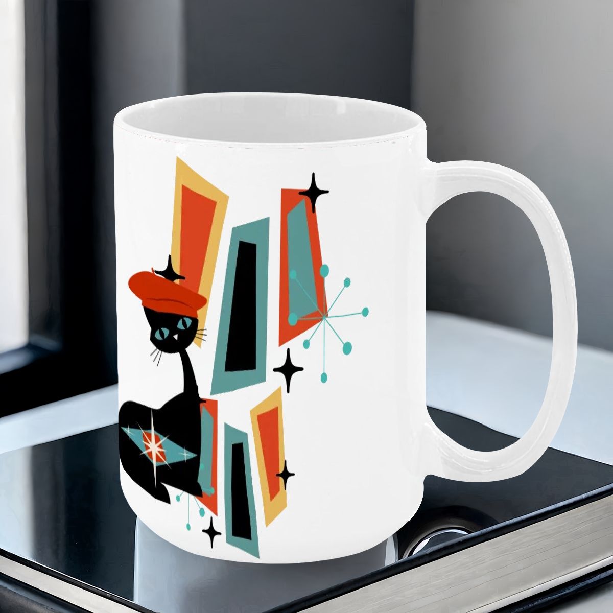 Atomic Cat Mid Century Modern Coffee Mug With Geometric Design - Mid Century Modern Gal