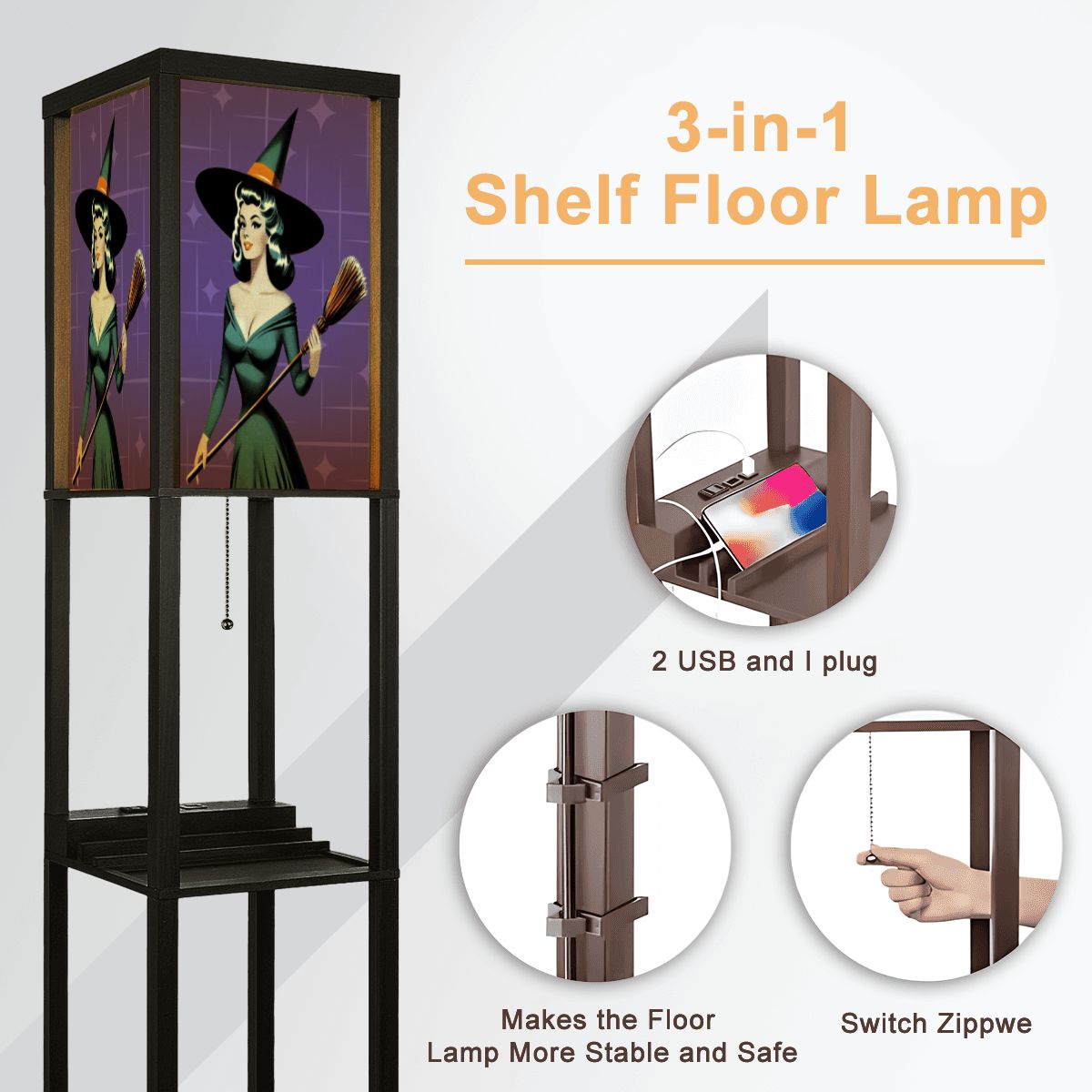 Mid Century Modern Vintage Pin Up Witch Purple Teal Halloween Floor Lamp with Shelves - Mid Century Modern Gal