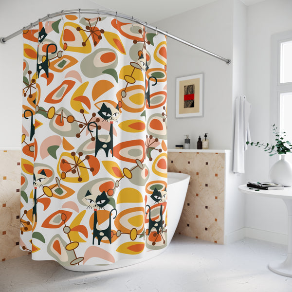 Atomic Cat Kitschy Shower Curtain, Orange Yellow Geometric MID Mod Bath Decor
