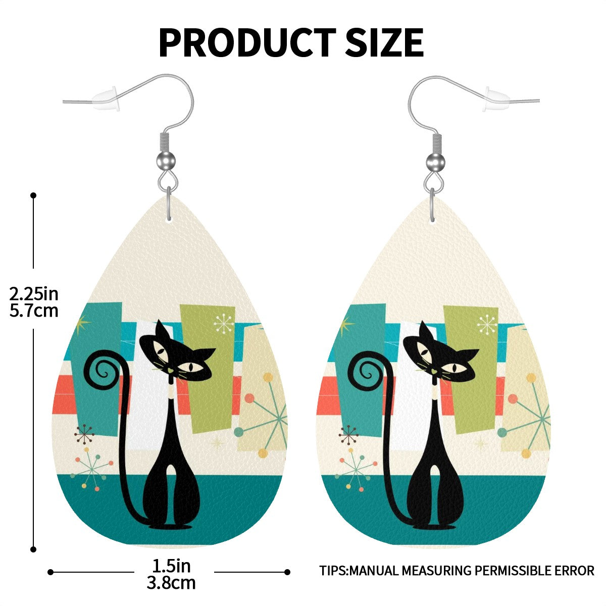 Mid Mod Atomic Kittie Vegan Leather Teardrop Earrings - Mid Century Modern Gal