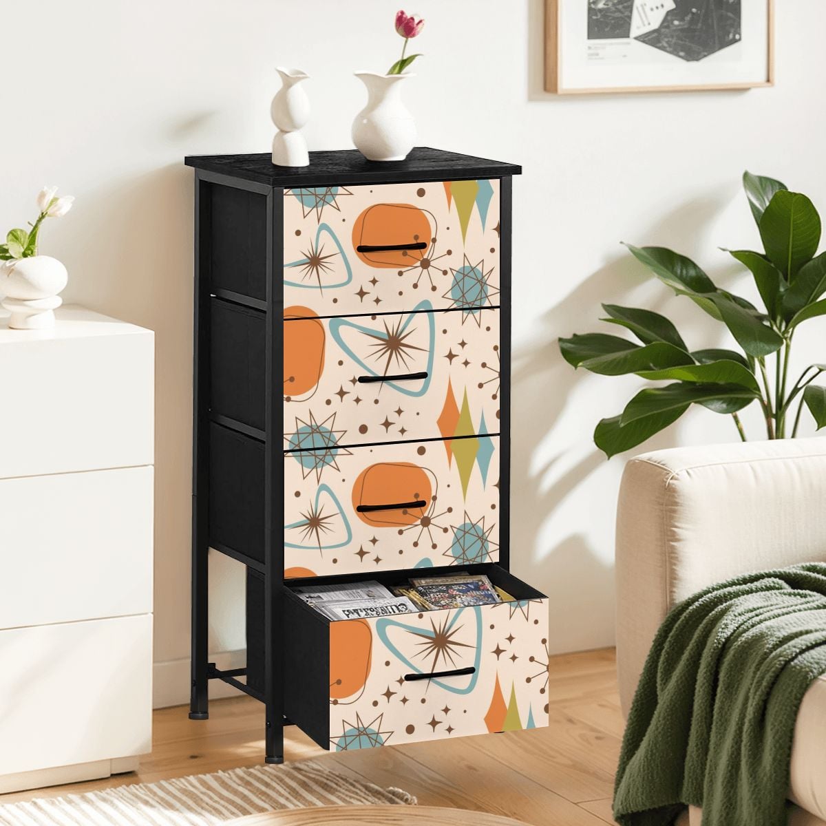 Mid Century Modern Atomic Boomerang, Starbursts Orange Blue Designed 4-Drawer Dresser - Mid Century Modern Gal