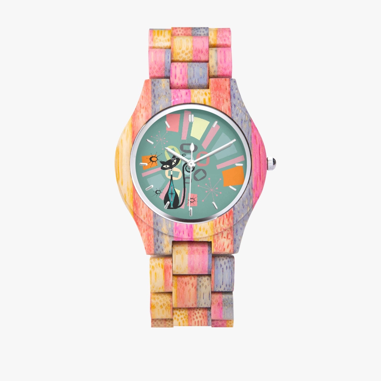Atomic Cat, Kitschy Kitty Bamboo Watch Time Piece, Unique Colorful Mod Watch - Mid Century Modern Gal