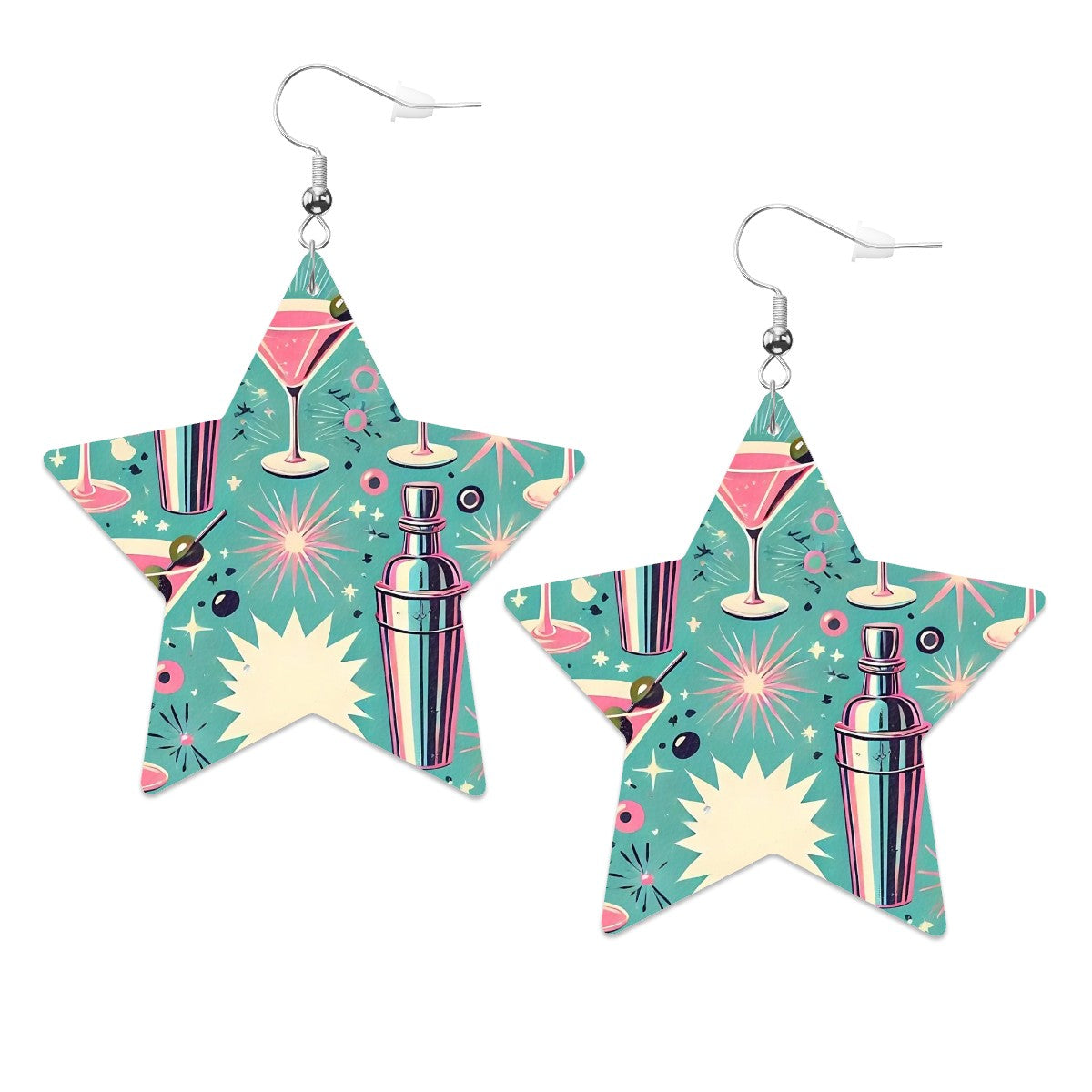 Atomic Mod Martini Cocktail Retro Vegan Leather Star Earrings - Mid Century Modern Gal