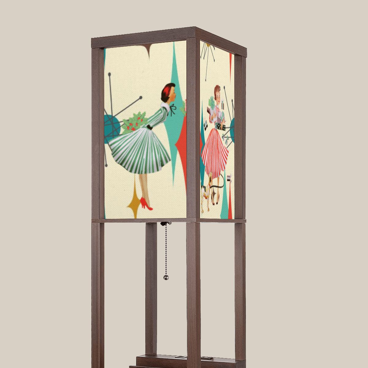 Mid Century Modern Christmas Lampshade for Floor Lamp with Shelves, Atomic Francisan Pattern And Kitschy Christmas Gals - Mid Century Modern Gal