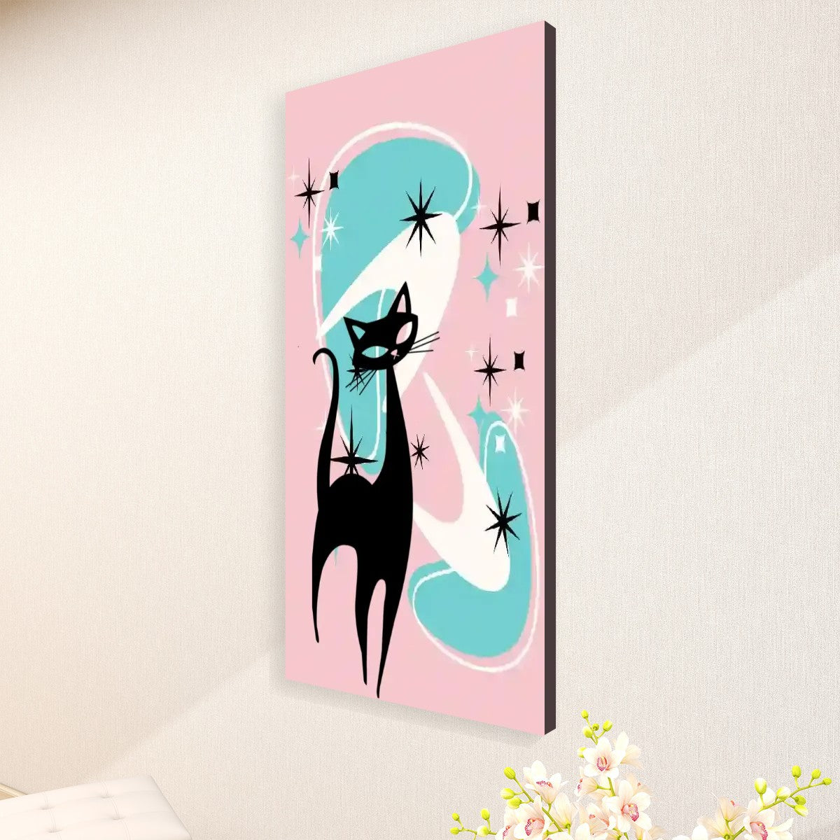 Atomic Cat Wall Art, Mid Century Modern Boomerang, Pink Aqua Large Canvas Print - Mid Century Modern Gal