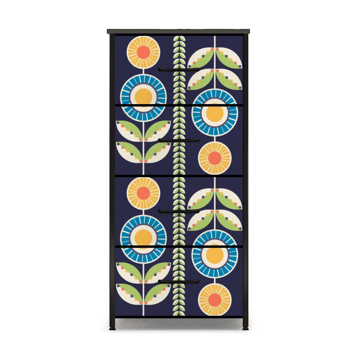 Modern Scandinavian Flower Blue, Orange, Yellow, Green Mid Century Modern 4-Drawer Dresser - Mid Century Modern Gal