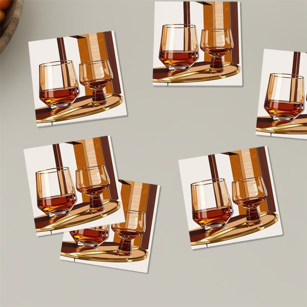 Bourbon Whiskey Mid Mod Drinking, MCM Barware Square Ceramic Coasters Set of 6