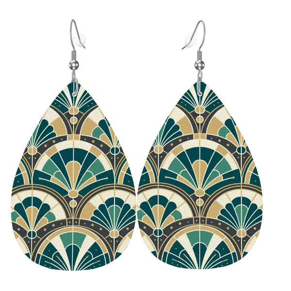 Art Deco Peacock Inspired Vegan Leather Teardrop Earrings