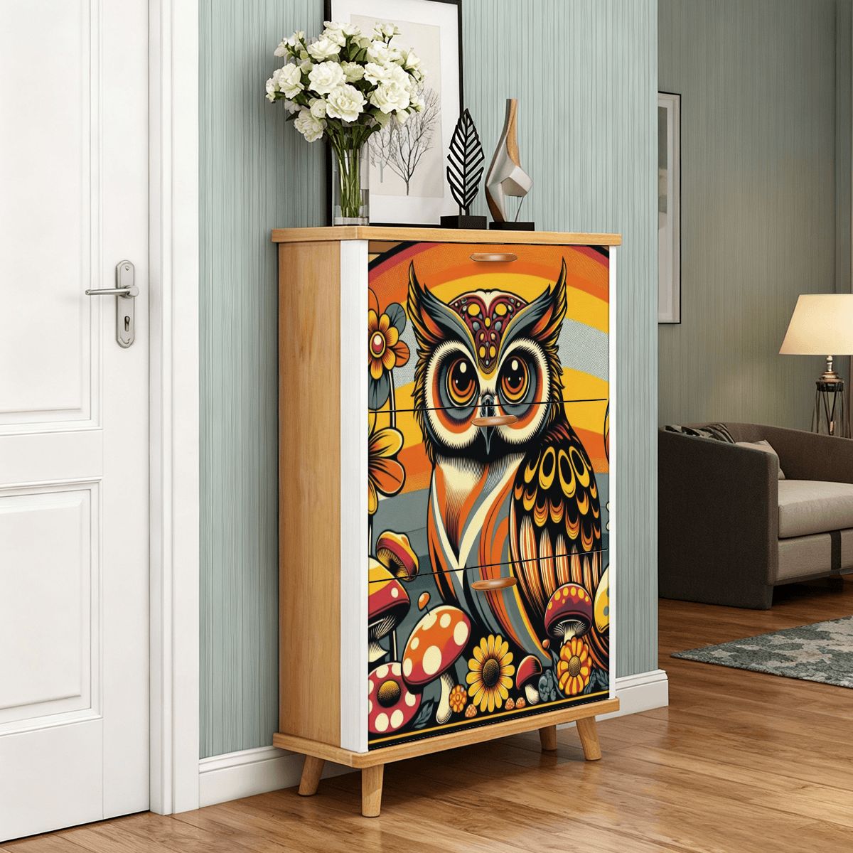 1970s Owl Decor, Mushroom And Floral, Groovy Mid Mod Shoe Storage Cabinet - Mid Century Modern Gal