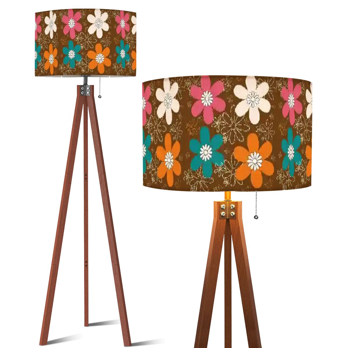 70s Groovy Retro Flower Mod Daisy Brown, Orange Pink Teal Mid Mod Tripod Floor Lamp (Made in USA) - Mid Century Modern Gal