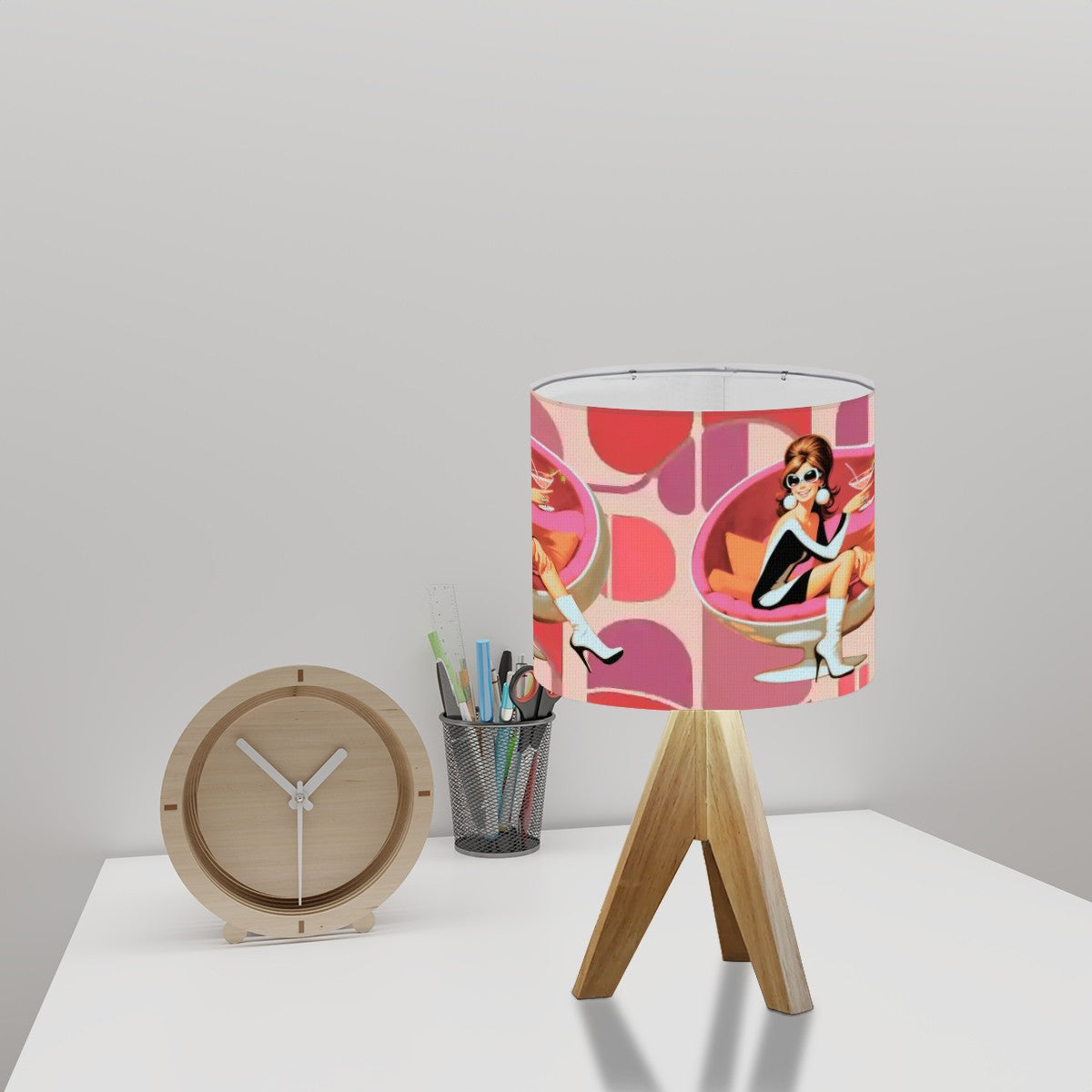 Mid Mod Retro 60s Gal, Hot Pink, Kitschy Mod Table Lamp With Bamboo Legs - Mid Century Modern Gal