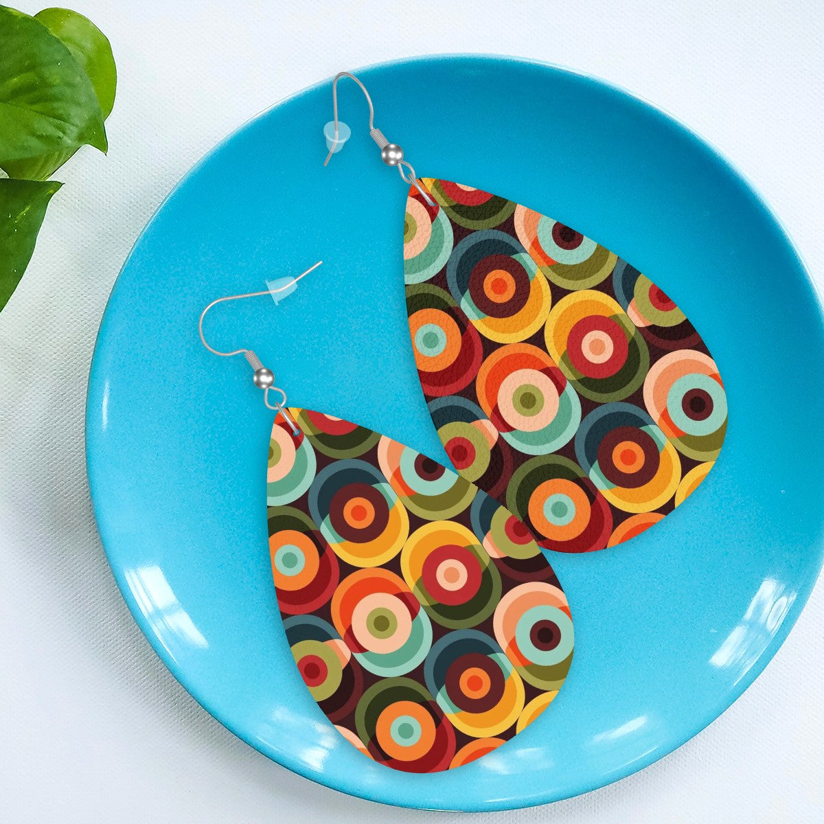 Retro 70s Groovy Mod Orbs, Mid Mod Trendy Faux Leather Teardrop Earrings - Mid Century Modern Gal