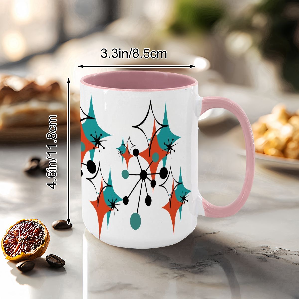 Large 15oz mug featuring a colorful Mid Century Modern atomic starburst design in teal, orange, and black.