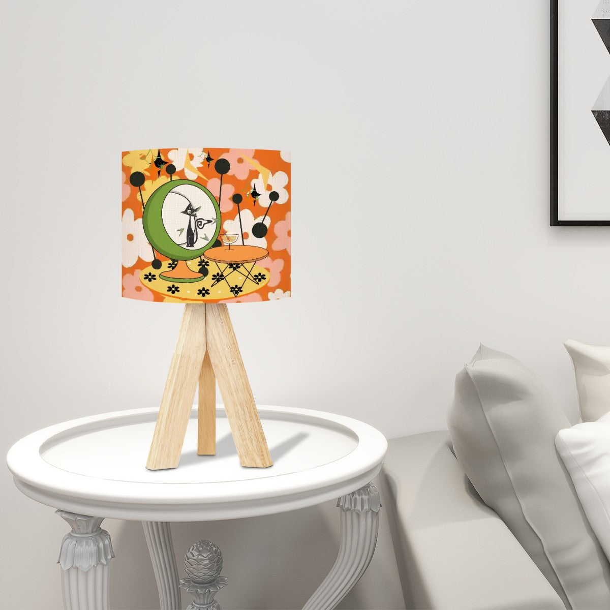Retro Groovy Flower Atomic Cat Summer Vibes, Mid Mod Tripod Table Lamp - Mid Century Modern Gal