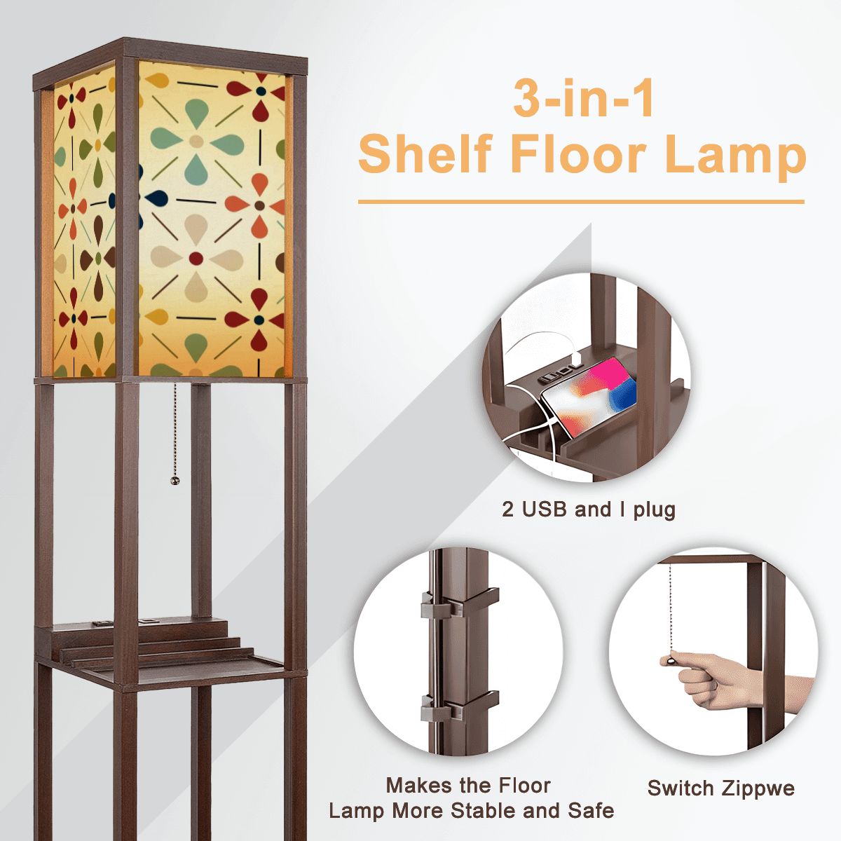 Scandinavian Floral Mid Mod Retro Floor Lamp with Shelves - Mid Century Modern Gal