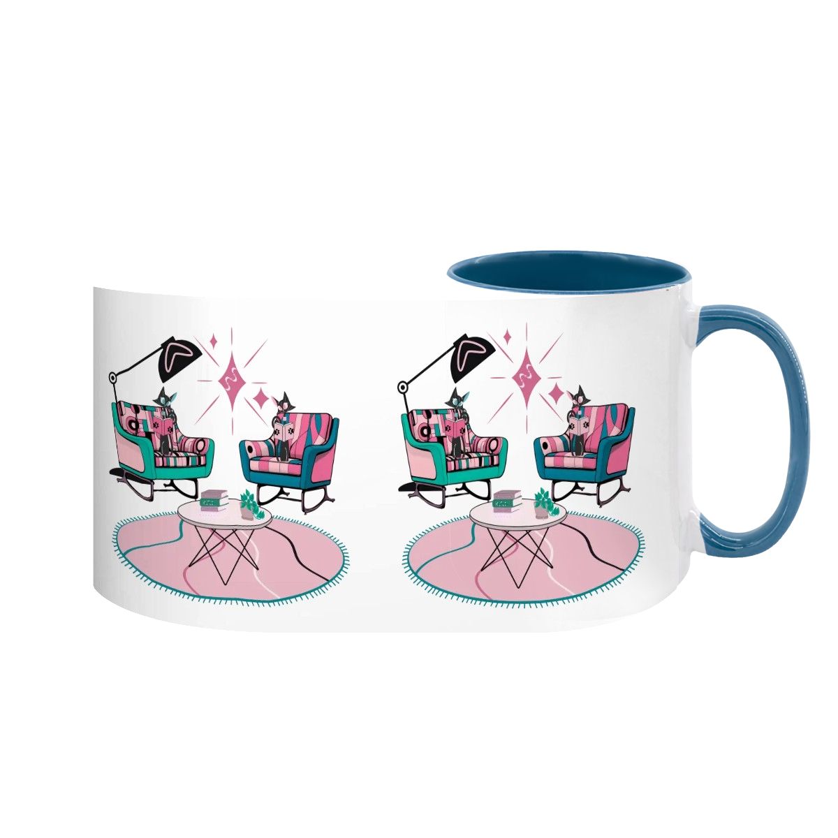 Atomic Reading Cats, Kitschy Mid Century Modern Large Colorful Mug (15oz)