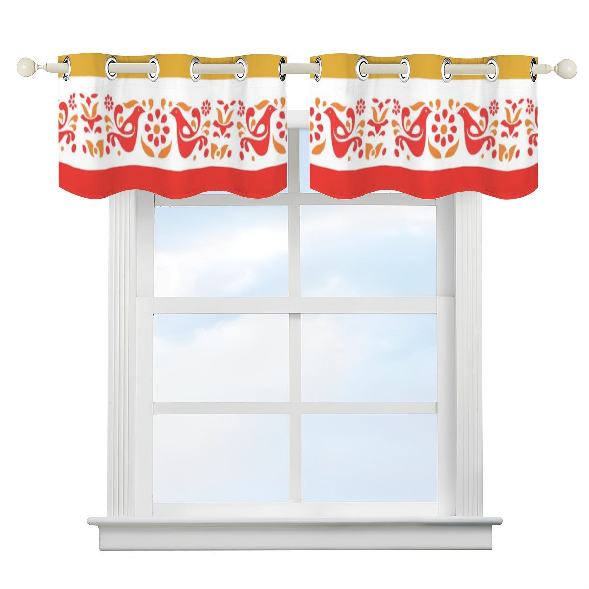 Pyrex Lover, Friendship Pattern, Red, Golden Yellow, Retro Kitsch Valance Curtains - Mid Century Modern Gal