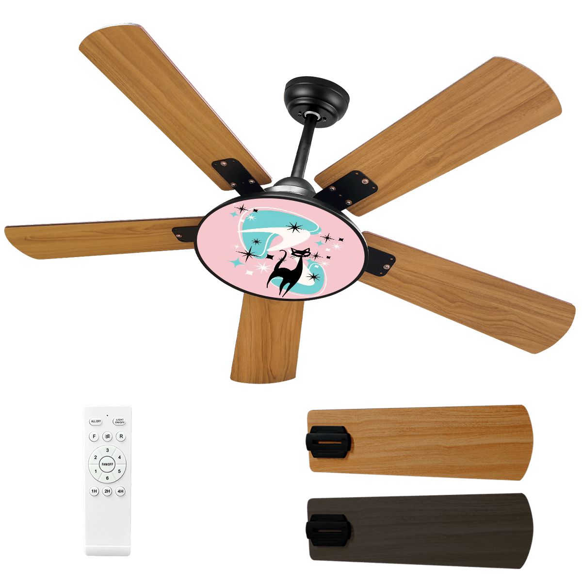 Pink Boomerang Atomic Cat Retr0 Mid Century Modern Ceiling Fan With Light - Mid Century Modern Gal