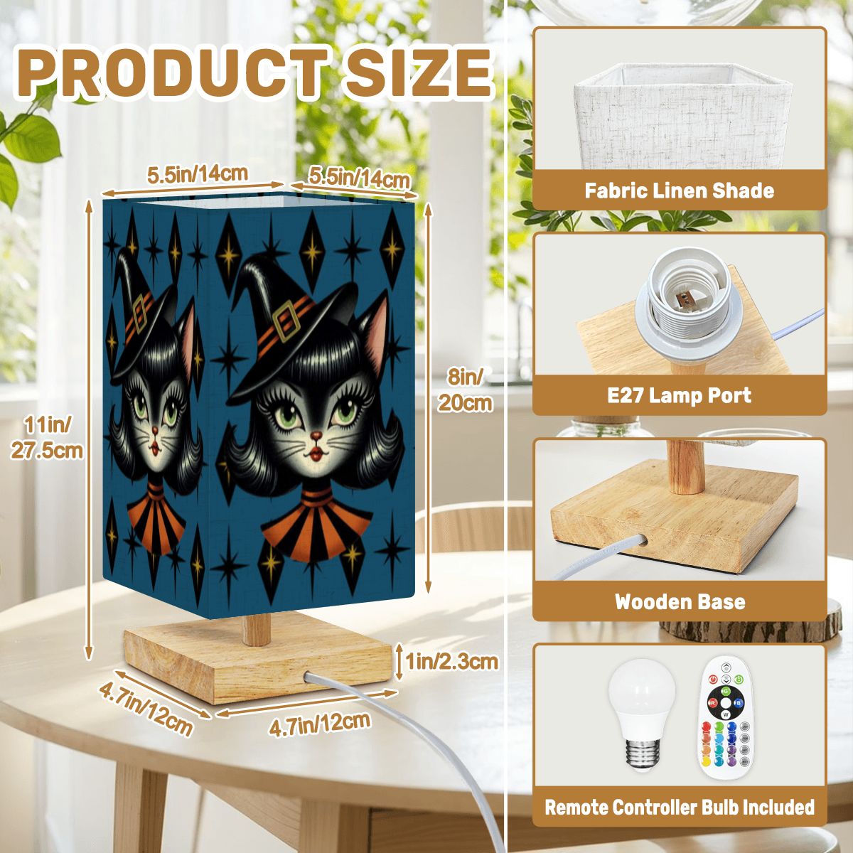 Vintage Halloween Black Cat Sexy Sexton Mid Century Modern Blue Square Table Lamp - Mid Century Modern Gal