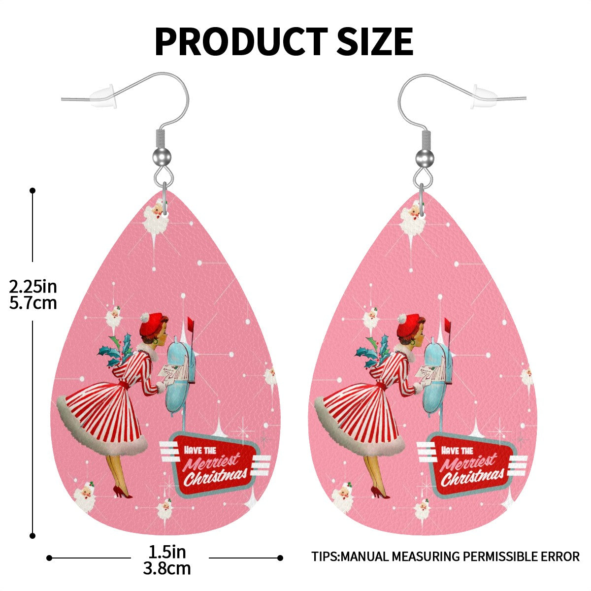 Mid Century Modern Christmas Old Timey Santa Pink Mod 50s Gal Faux Leather Teardrop Earrings - Mid Century Modern Gal