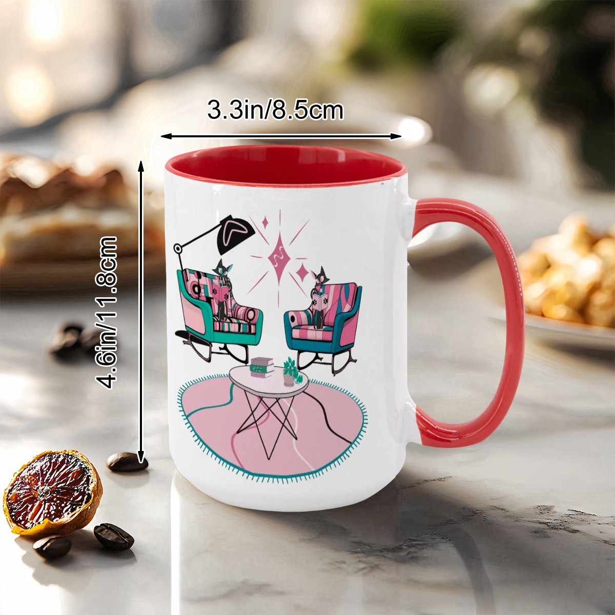Atomic Reading Cats, Kitschy Mid Century Modern Large Colorful Mug (15oz) - Mid Century Modern Gal