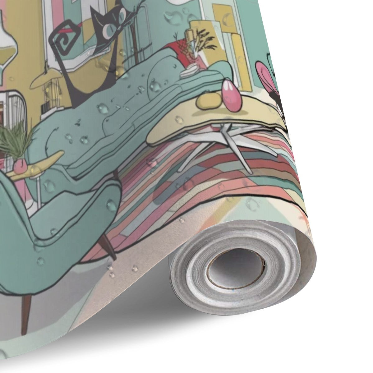 Mid Century Modern Peel And Stick Kitschy Mod Lounging Cats Canvas Self Adhesive Wallpaper - Mid Century Modern Gal