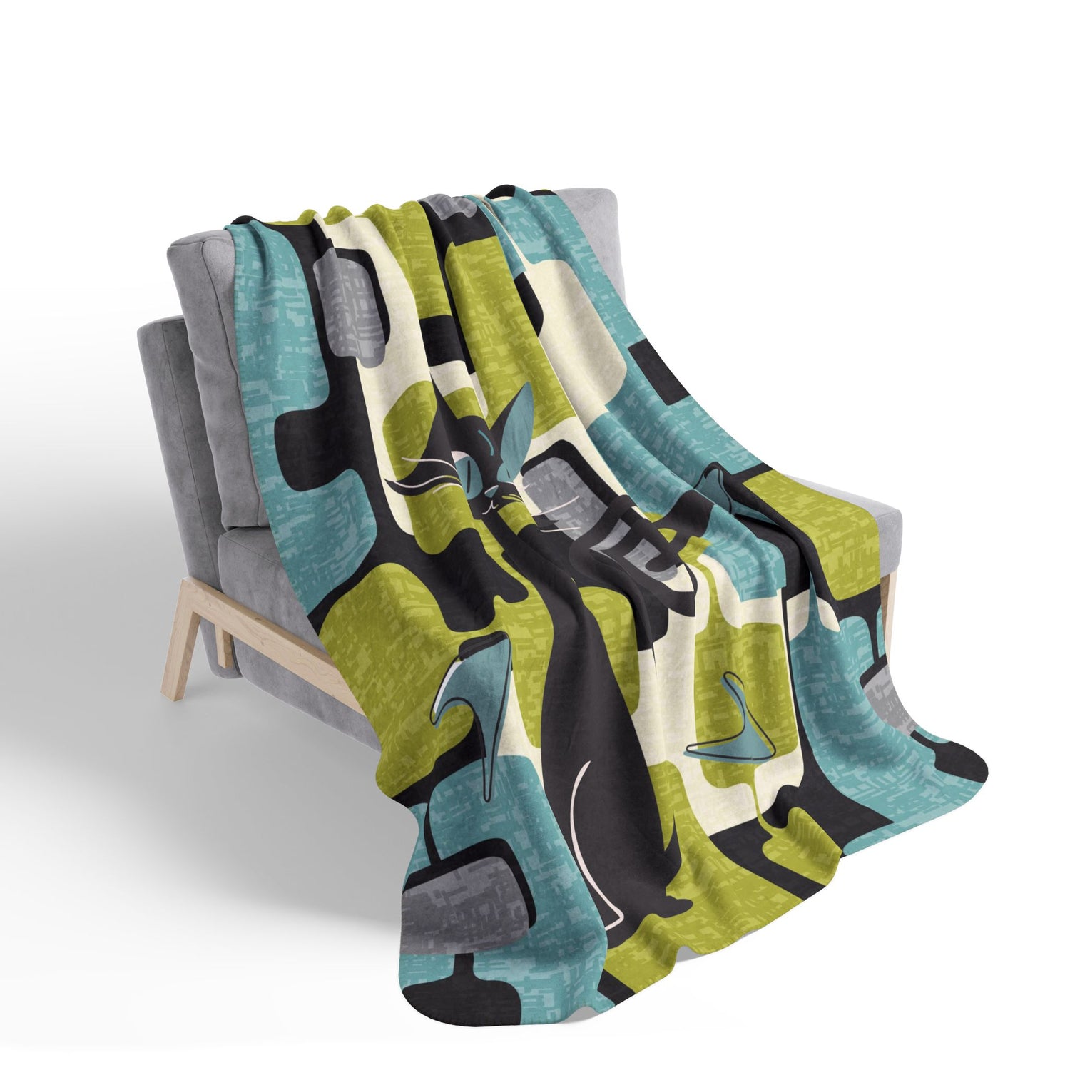 Atomic Cat Blanket, Kitschy Mod Geometric Designed, MCM Sherpa Fleece Blanket - Mid Century Modern Gal