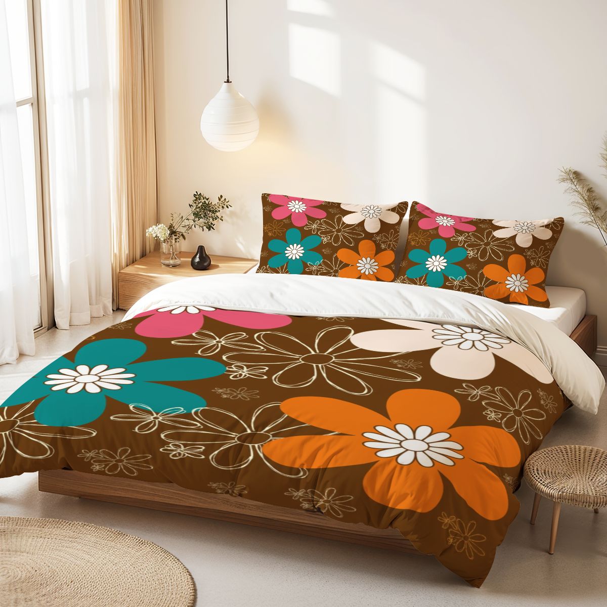 70s Groovy Retro Flower Mod Daisy Brown, Orange Pink Teal Mid Mod Queen Duvet Cover Set - Mid Century Modern Gal