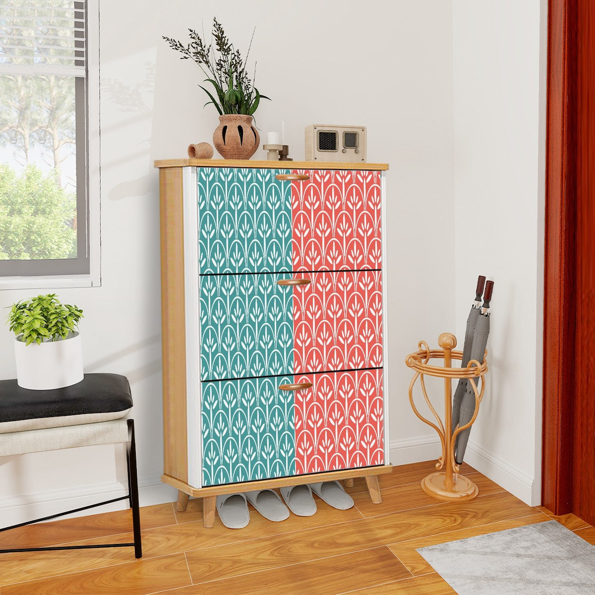 Art Deco Modern Shoe Storage Cabinet | Stylish & Functional Entryway Organizer - Mid Century Modern Gal