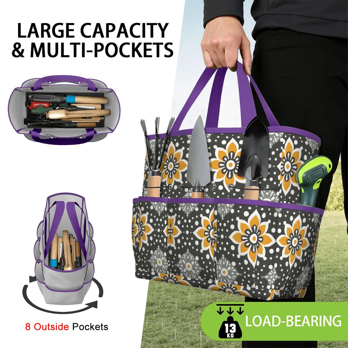 Floral Bohemian Retro Gray Yellow Modern Garden Tool Bag