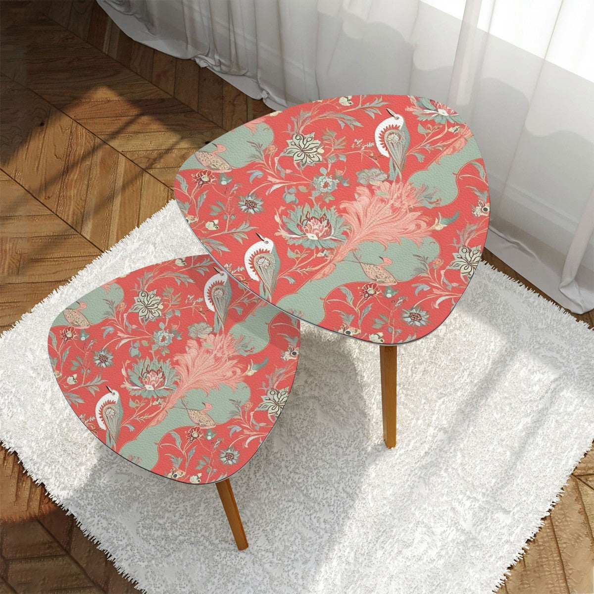 Chinoiserie Modern Nesting Tables, Floral Design In Coral And Mint Green - Mid Century Modern Gal