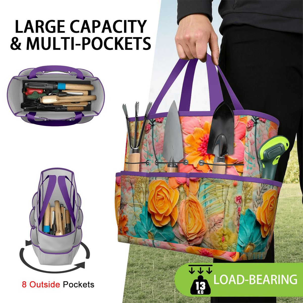 Bohemian Retro Flower, Faux Pressed Floral Mod Garden Tool Bag