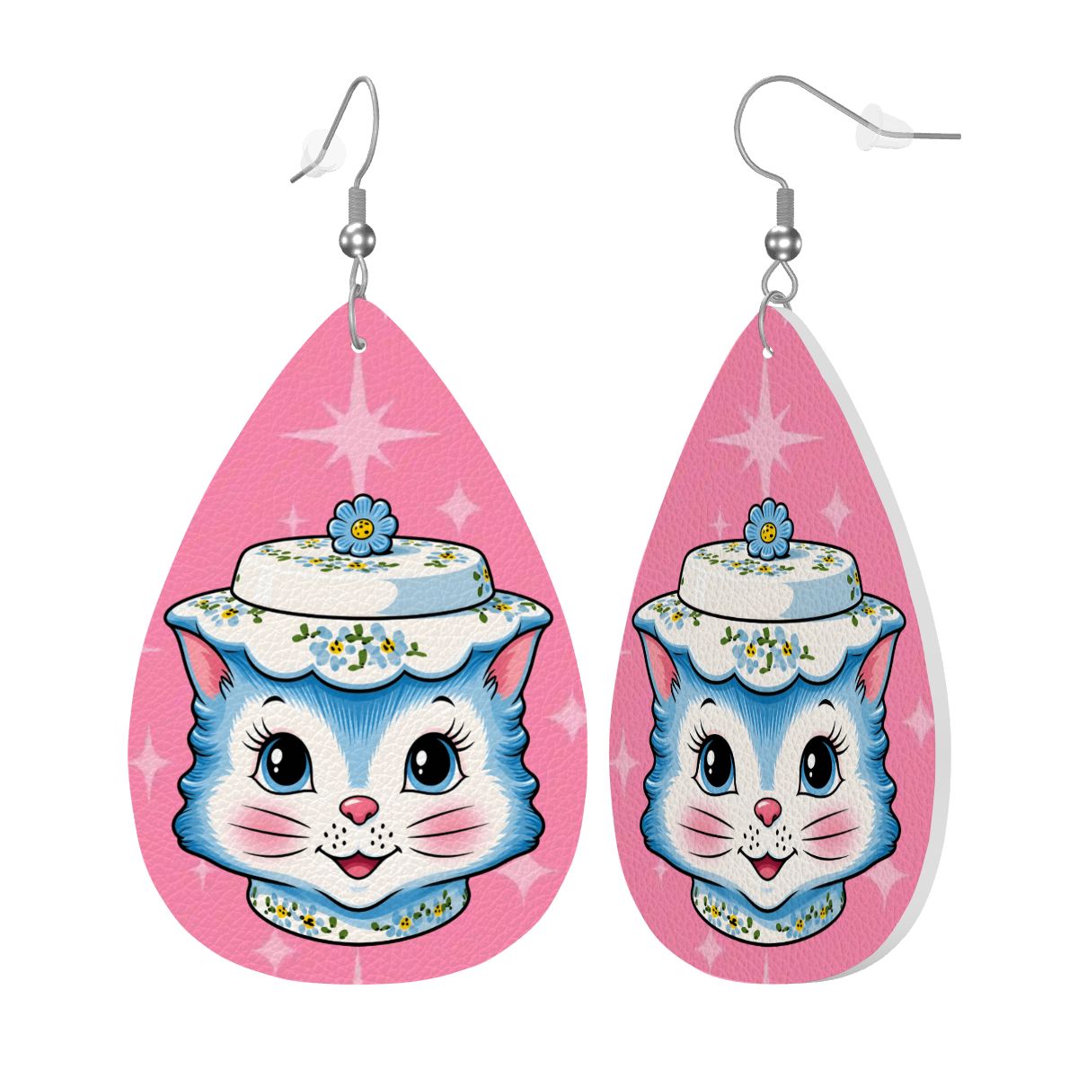 Mid Century Modern Kitschy Anthropomorphic Blue Cat with Floral Hat Vegan Leather Teardrop Earrings