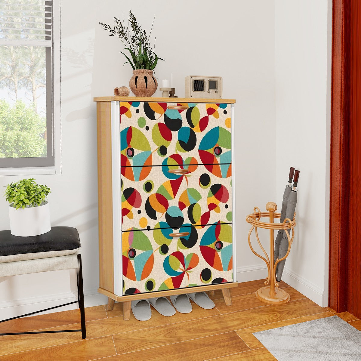 Retro Groovy Orb Abstract Designed Mid Century Modern Shoe Cabinet - Mid Century Modern Gal