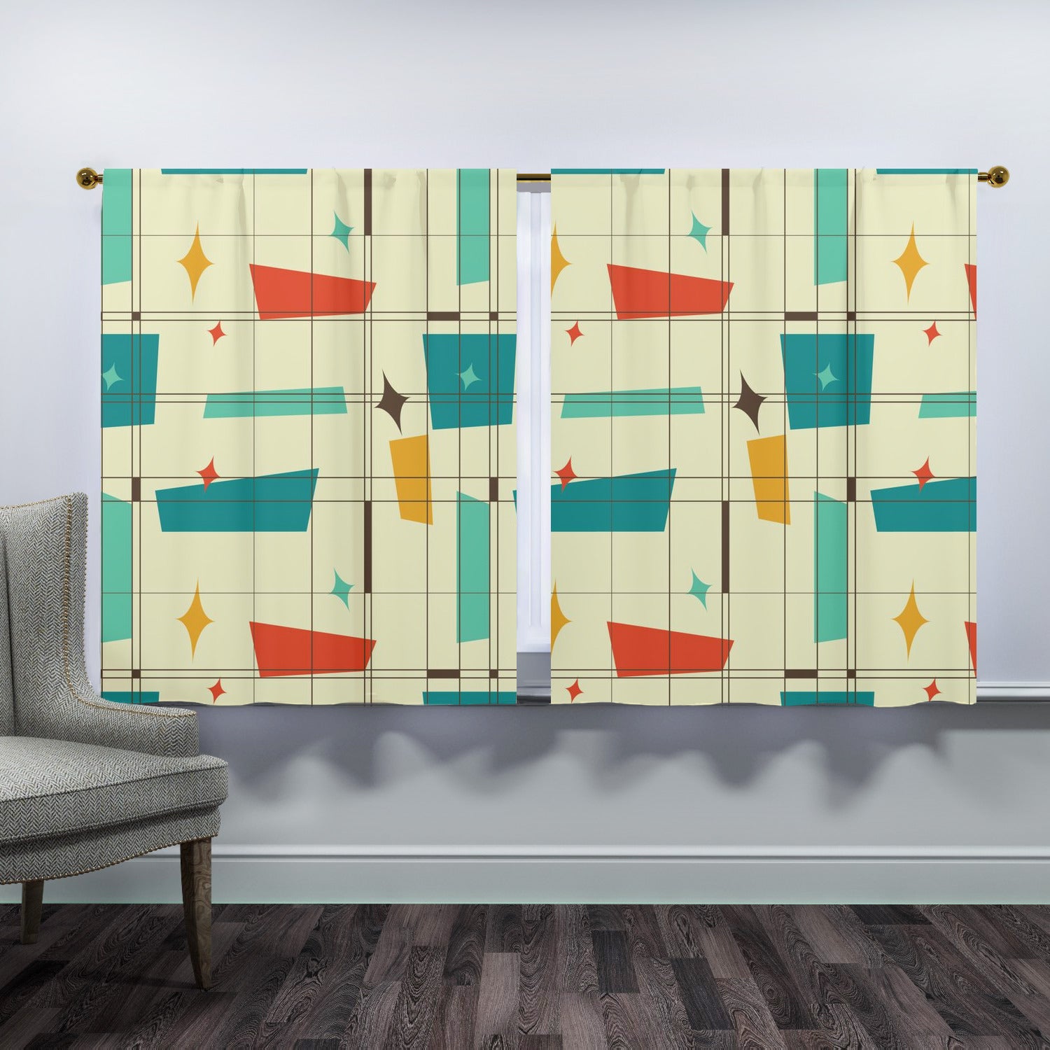 Mid Century Modern Fun And Funky Geometric Retro Window Curtains (two panels) - Mid Century Modern Gal