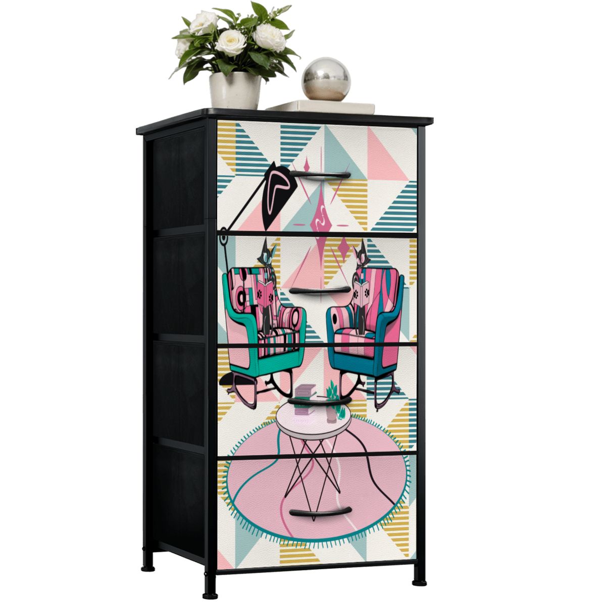 Atomic Reading Cats Kitschy Mod Retro Pink Quirky MCM 4-Drawer Dresser - Mid Century Modern Gal