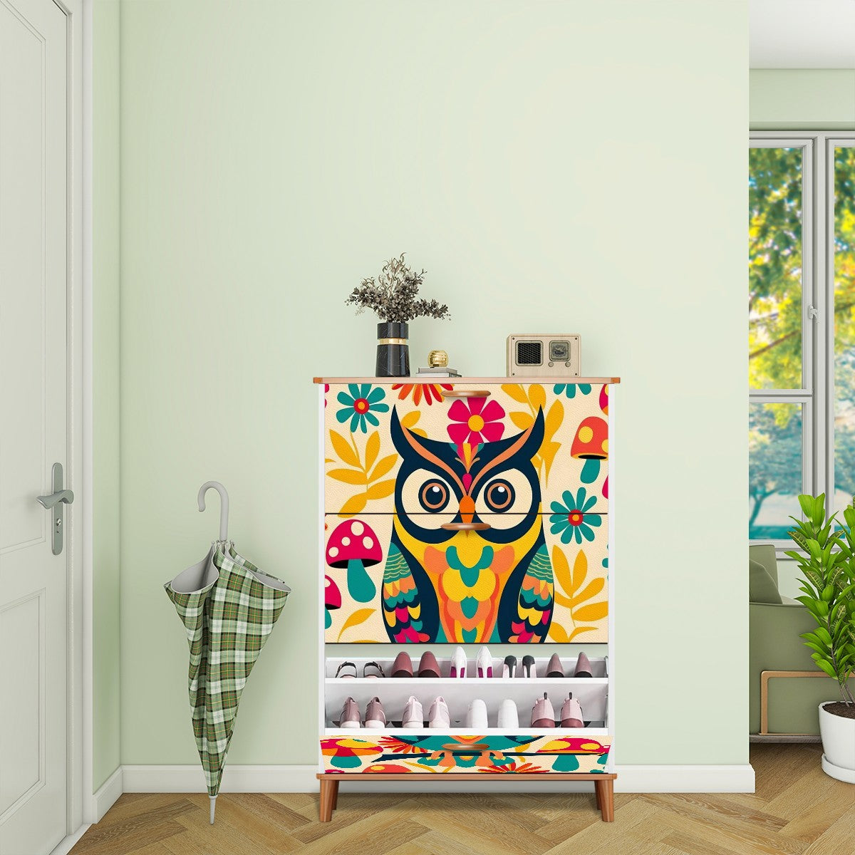 Retro 1970s Owl Mushroom Floral Mid Mod Shoe Storage Cabinet - Mid Century Modern Gal