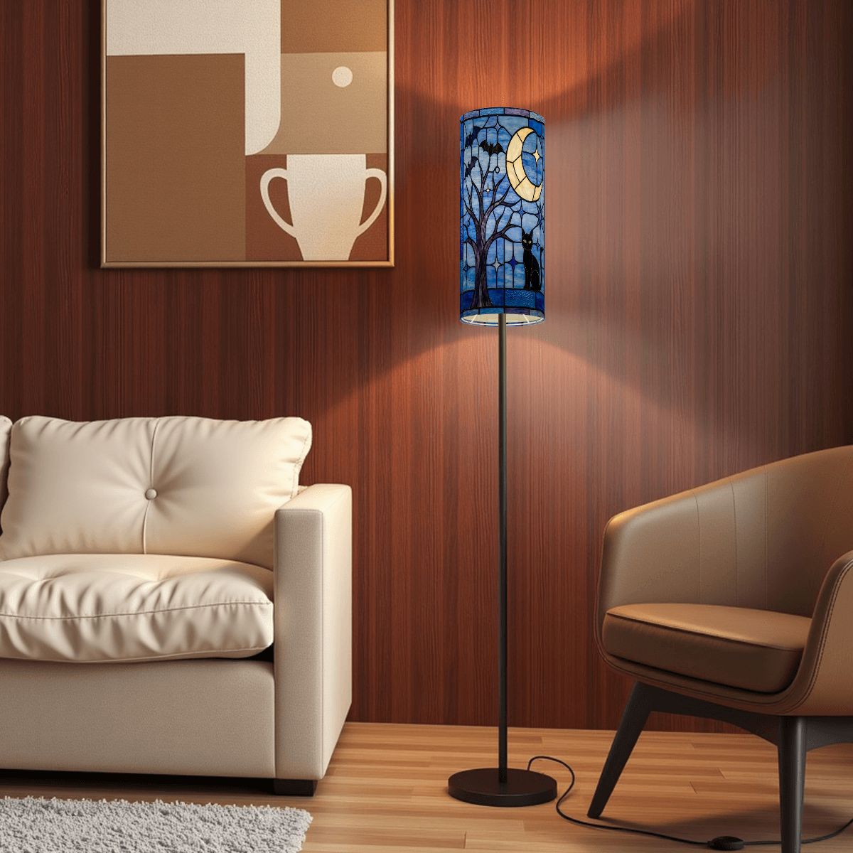 Halloween Stained Glass Style Night Sky Black Cat Slim Floor Lamp SHADE ONLY - For Slim Floor Lamps Only