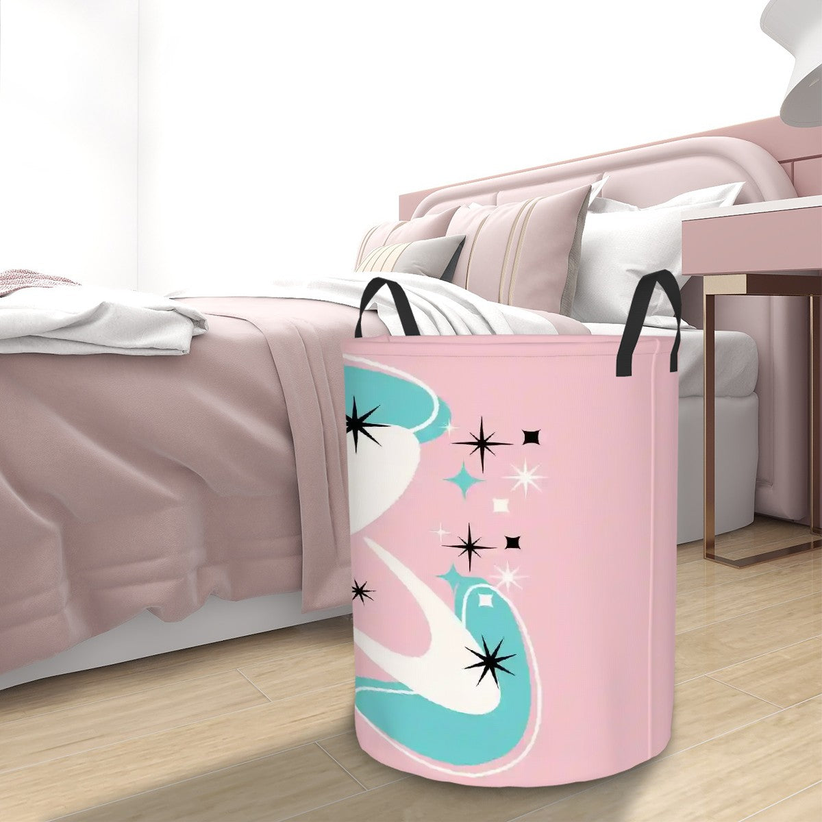 Mid Century Modern Atomic Pink, Aqua Boomerang MCM Circular Laundry Basket - Mid Century Modern Gal