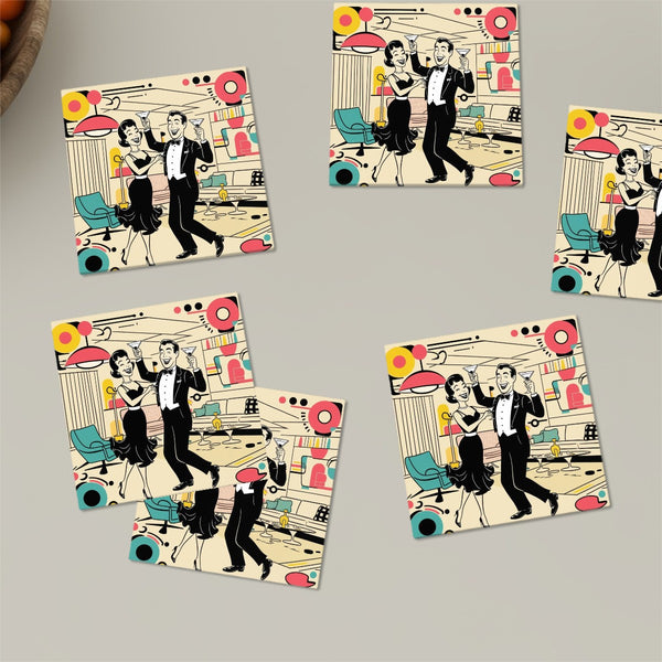 Mid Century Modern Kitschy Mod Couple Retro Barware Square Ceramic Coasters Set of 6