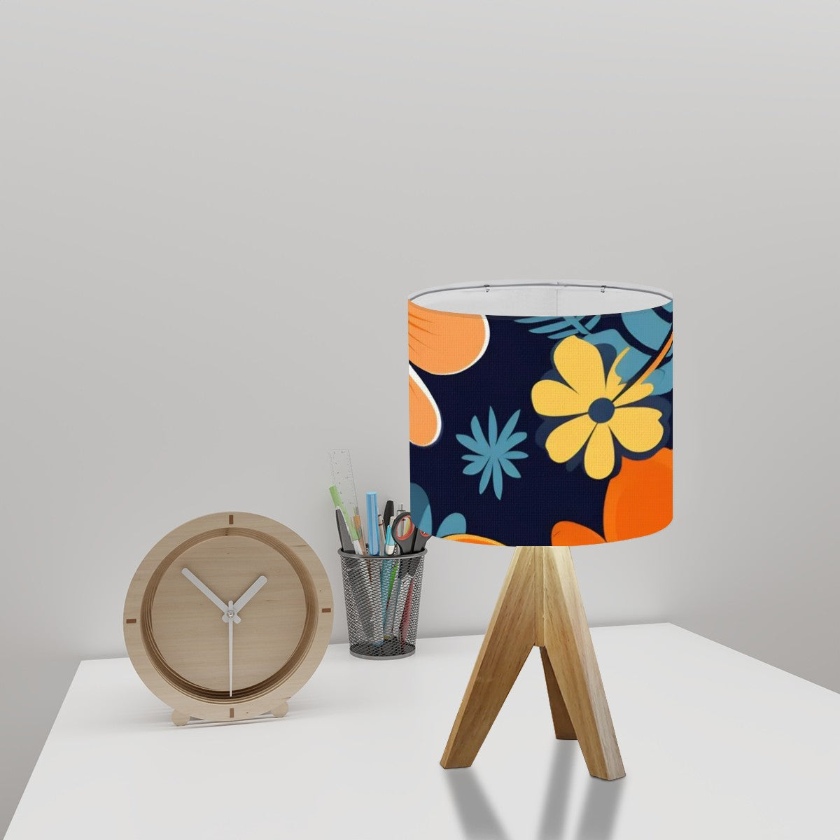 Boho Floral Royal Blue, Orange Yellow Mid Mod Tripod Table Lamp - Mid Century Modern Gal