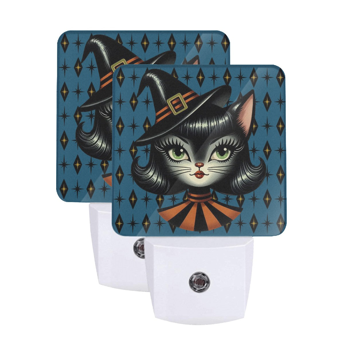 Vintage Halloween Black Cat Sexy Sexton Mid Century Modern Blue LED Night Light Set of 2 - Mid Century Modern Gal