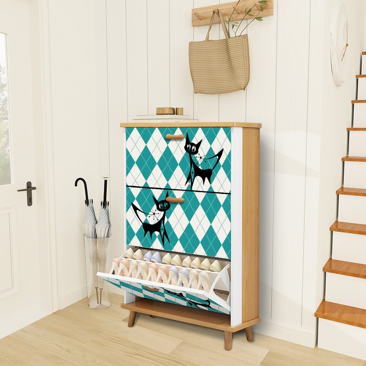 Retro Mid Century Modern Atomic Kitschy Cats, Argyle Pattern Mod Shoe Cabinet - Mid Century Modern Gal