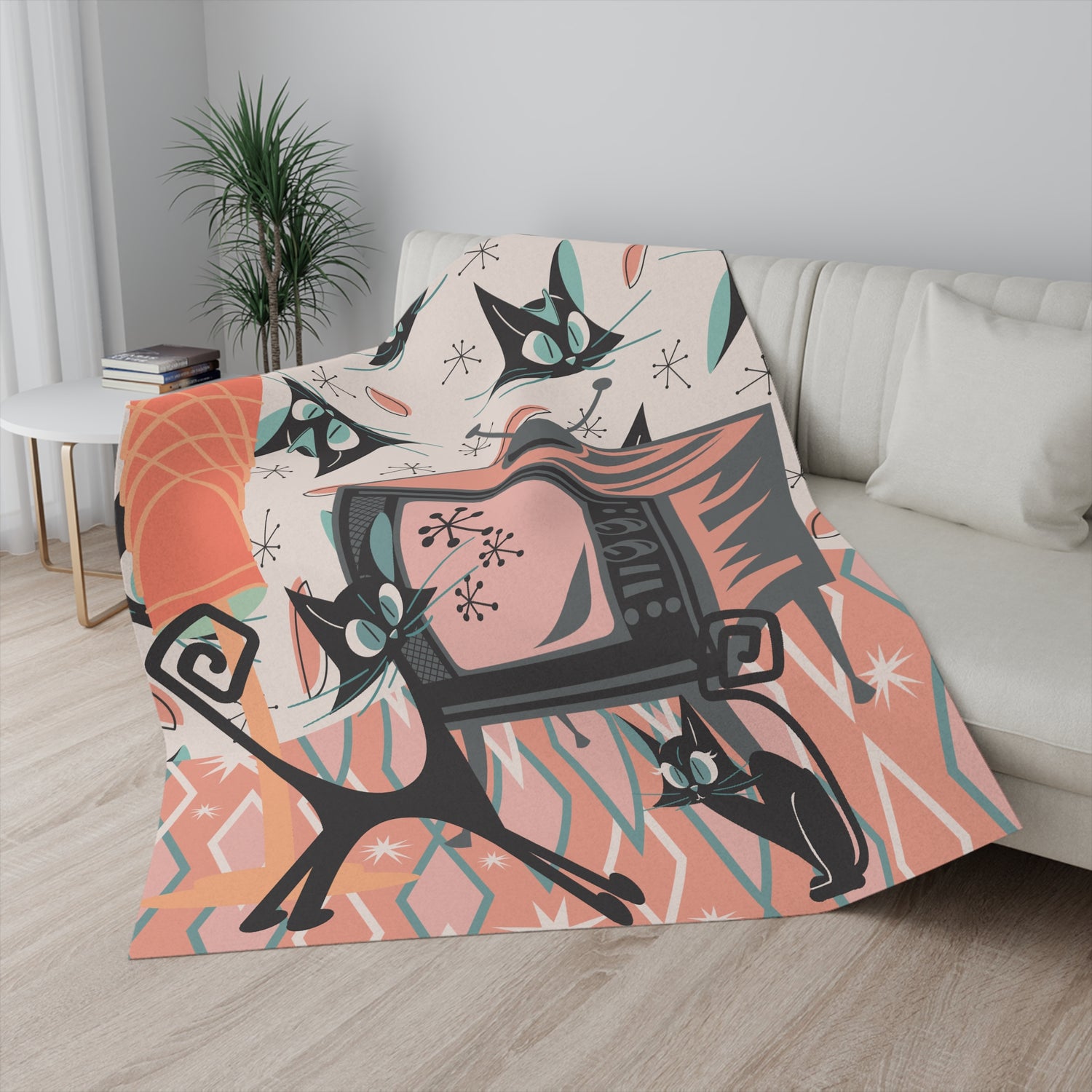 Atomic Cat Blanket, Mid Century Modern Diamond Pattern, Kitschy Cats, Whimsical Quirky  Cozy Cat Lover Blanket - Mid Century Modern Gal