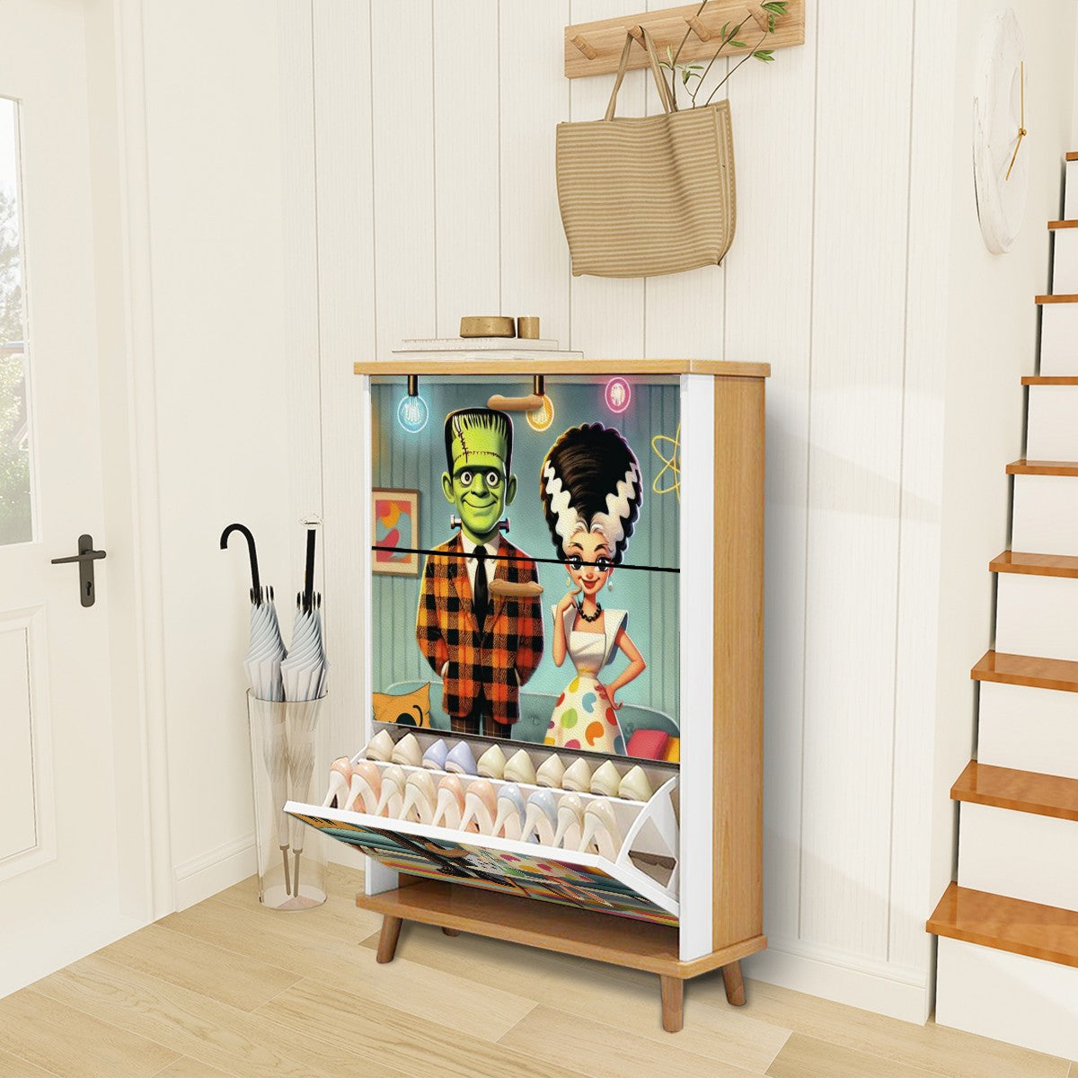 Frankenstien And Bride Of, Mid Centur Modern Kitschy Retro Shoe Cabinet - Mid Century Modern Gal