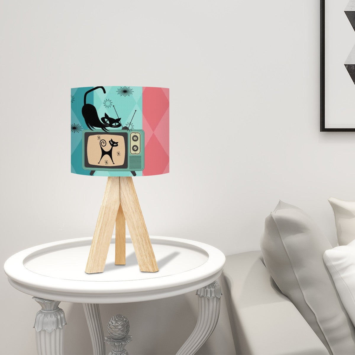 Atomic Cat Kitschy Wooden Tripod Table Lamp - Mid Century Modern Gal