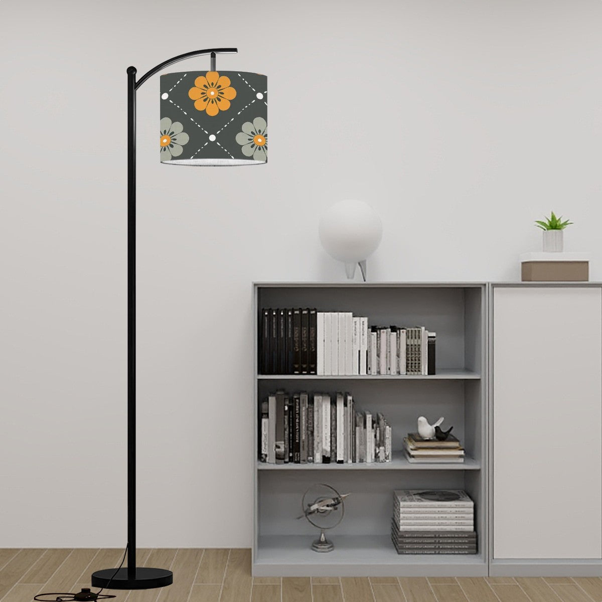 Scandinavian Floral, Mustard Yellow, Gray Mid Century Modern Arc Floor Lamp - Mid Century Modern Gal