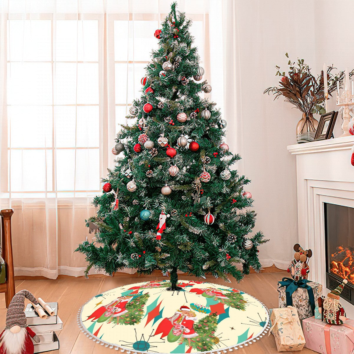 Mid Century Modern Kitschy Retro VIntage Christmas Tree Skirt With Pom Poms - Mid Century Modern Gal